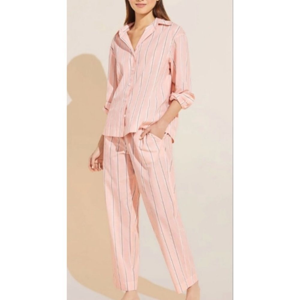 NWT Eberjey Sandwashed Cotton Pajama Set Rose Cloud Stripe Button Down